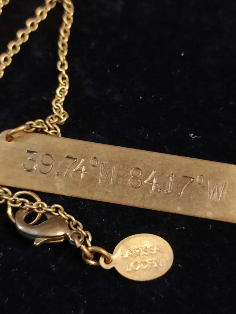 LARISSA LODEN gold tone coordinate bar necklace 39.74N 84.17W minimalist engrave
